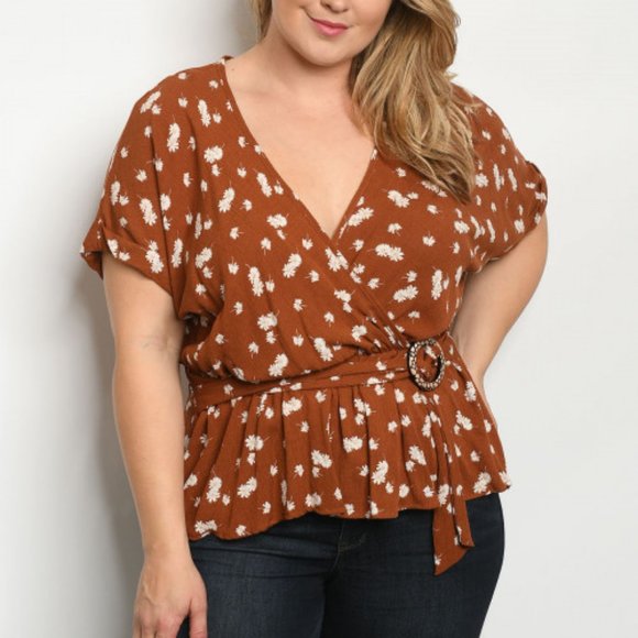 #49 Last 1! BROWN FLORAL PEPLUM BELTED TOP - Picture 1 of 4